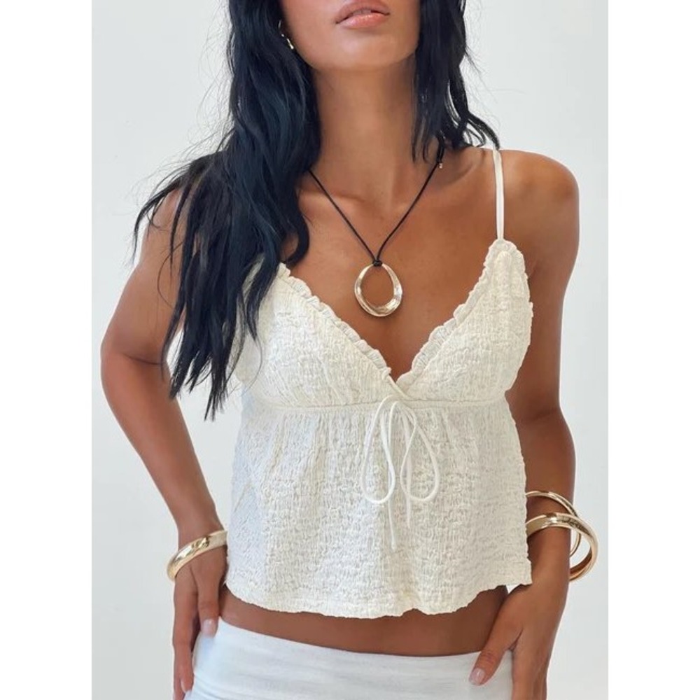 Princess Polly Cami Top Textured‎ Ruffle Trim Tie Front Sleeveless Ivory US 6